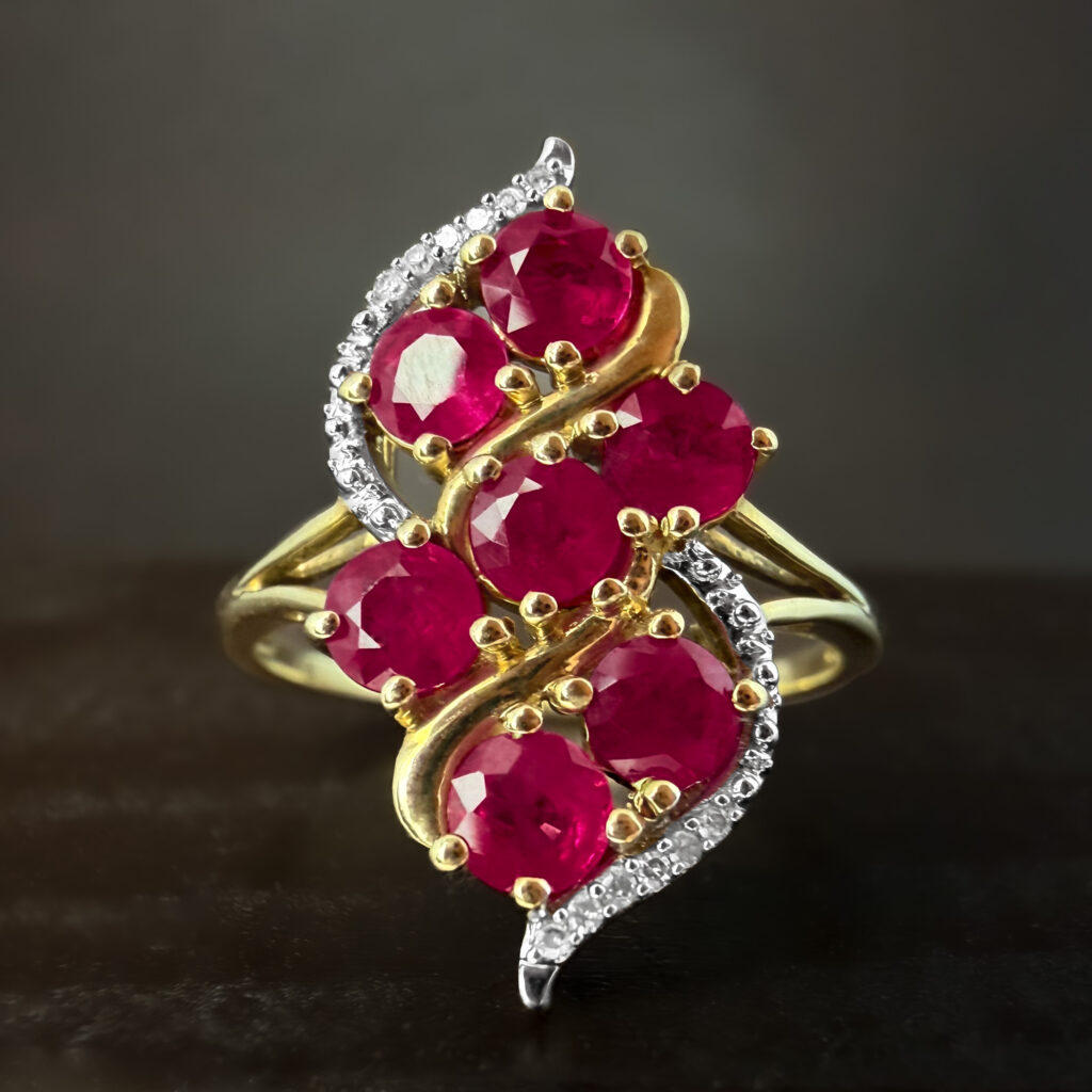 Pre-Loved Vintage Ruby & Diamond Swirl Ring in 9ct Yellow Gold | 43830