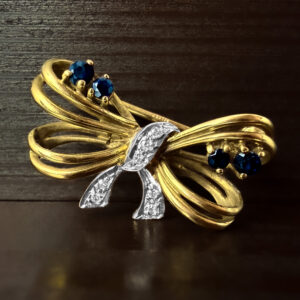 Pre-Loved Sapphire & Diamond Bow Brooch 9k Yellow Gold | 22607